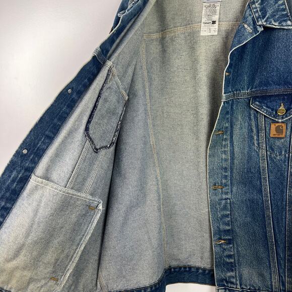 Carhartt Men Trucker Jacket Logo Patch Lined Blue Denim Distressed Size 3XL Tall - Picture 7 of 14